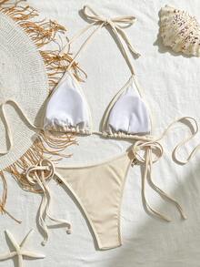 Bikinx Women's Solid Color Satin Ribbon & Shell Decor Triangle Cup Tie Bikini Set, Suitable For Summer Beach Vacation - Beige - View 3