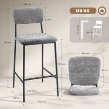 Set Of 2 High Upholstered Bar Stools, Perfect For A Kitchen Counter Or Home Bar. Backrest, Footrest, Fabric Upholstery, Grey Steel Frame. - Grey - View 3