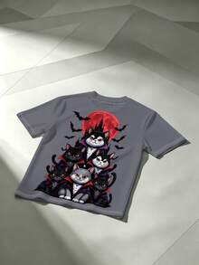 "Black Cat Castle Red Moon Bat Print" Pattern Plus Size Men's Sports Top Men's Casual Short Sleeve T-Shirt Minimalist Series - Polyester Knit Fabric, Crew Neck Design, Regular Fit, Suitable For Plus Size Body - Grey - View 4