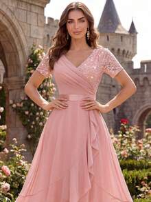 MIUSOL V-Neck Sequin Lace Patchwork Chiffon Ruffle Hem Elegant Ball Party Maxi Dress, Suitable For Wedding Guests, Evening Banquets Pink Summer - Pink - View 11