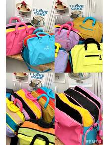 Dopamine Color Block Large Capacity Travel Bag, Lightweight Nylon Weekend Tote Bag With Detachable Shoulder Strap, Multi-Pocket Gym Overnight Travel Bag - Multicolor - View 11