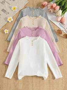 4pcs Set Young Girls Ruched Crew Neck Warm Ribbed Knit Casual T-Shirts Autumn Clothing: Four Colors With Buttons, Soft Fabric, Suitable For Daily Wear And Layering, Perfect For Casual Outings - Multicolor - View 1