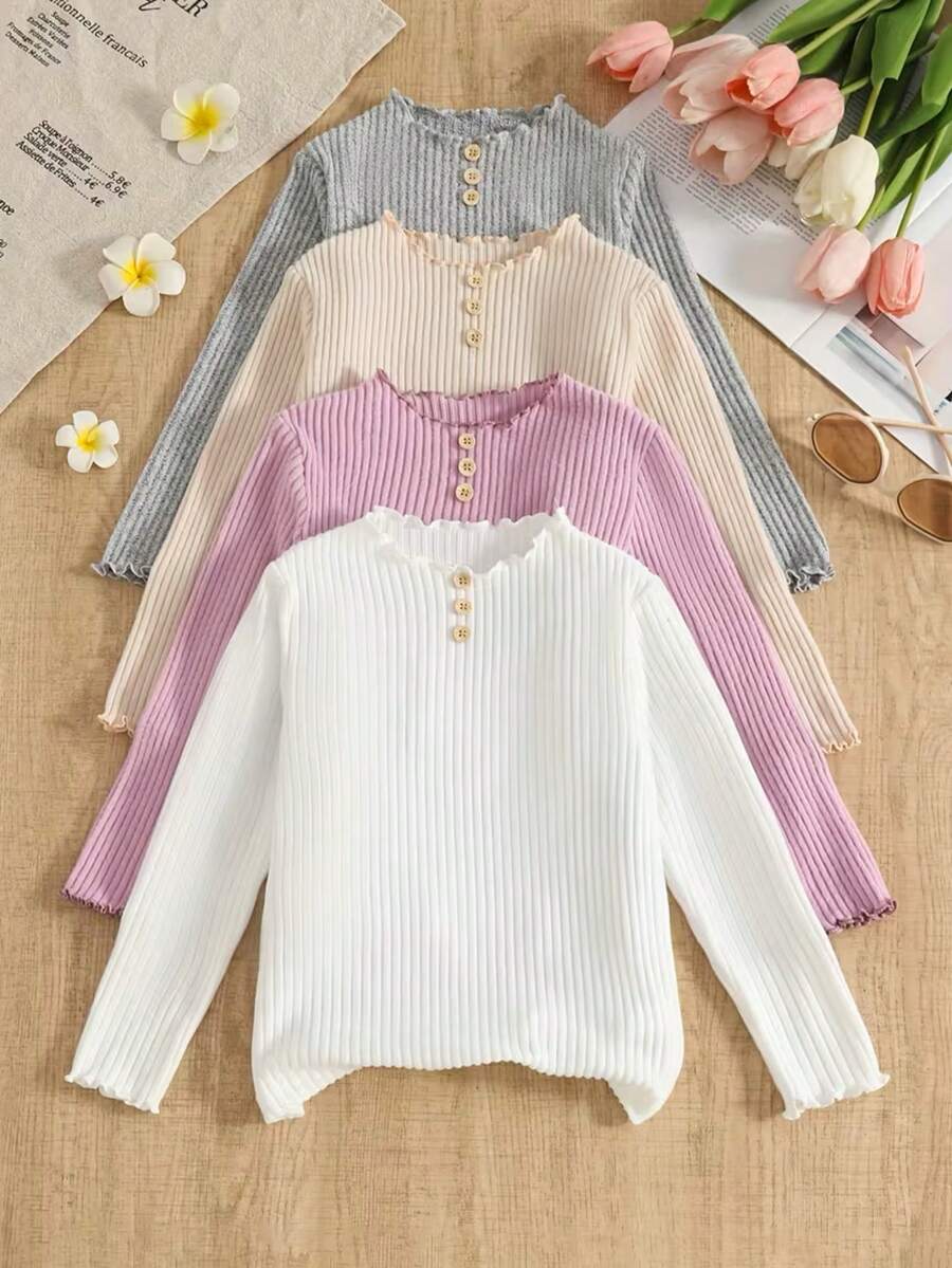 4pcs Set Young Girls Ruched Crew Neck Warm Ribbed Knit Casual T-Shirts Autumn Clothing: Four Colors With Buttons, Soft Fabric, Suitable For Daily Wear And Layering, Perfect For Casual Outings - Multicolor - View 1
