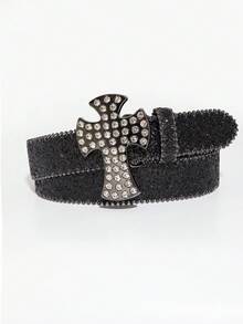 1 pieza Cinturón de con cruz de strass, estilo punk denim rock Y2K, con estrella y strass incrustado, accesorio versátil para jeans, adecuado para uso diario - Negro - Cruz de diamantes de imitación - Ver 7