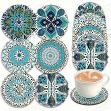 6pcs Wooden Coasters – Exquisite Floral & Geometric Mandala Patterns, Heat-Resistant Desktop Protection, Suitable For Coffee Table, Kitchen & Outdoor Use – Hand Wash Only, Unique Gift For Coffee Lovers, Friends & Family, Kitchen Tableware Accessory, Natural Reusable Decor - Multicolor - View 1