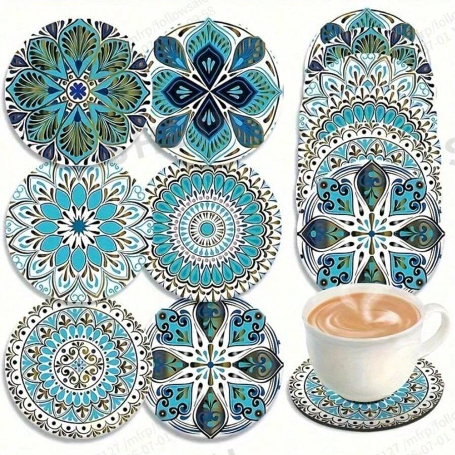 6pcs Wooden Coasters – Exquisite Floral & Geometric Mandala Patterns, Heat-Resistant Desktop Protection, Suitable For Coffee Table, Kitchen & Outdoor Use – Hand Wash Only, Unique Gift For Coffee Lovers, Friends & Family, Kitchen Tableware Accessory, Natural Reusable Decor - Multicolor - View 1