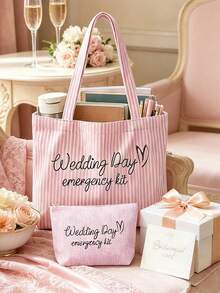 1/2pcs Bridal Wedding Large Capacity Striped Tote Bag Set, Suitable For Beach And Daily Use, Striped Beach Handbag With Pink Makeup Bag - Multicolor - View 2