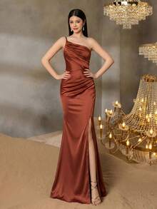 ALISA&LEO Teenager Elegant Asymmetric Shoulder Pleated Fitted Thigh Slit Dress, Suitable For Prom, Formal Occasions, Pageant Competitions And Celebrations - Burnt Orange - View 4