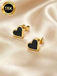 MONALLY Europäischer und amerikanischer Luxus 18K vergoldete Edelstahl schwarze Herz Ohrstecker, Nischendesign, vielseitiges Pendler-Accessoire, Geschenk für Frauen - Liebe Ohrringe - Übersicht 6