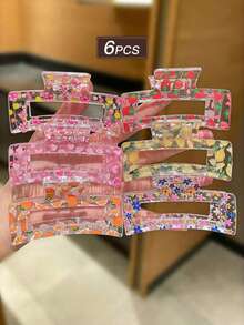 6pcs Women's Colorful Square Hair Clips With Fruit, Flower, Butterfly Print Elements. Sweet And Cute Style, Large Claw Clips, Summer Vacation Accessories, Women's Hair Accessories. Suitable For Daily Casual Outings. Summer Accessory Set, Hair Accessories, Women's Accessories, Back To School Hair Accessories, Beach Accessories. Elegant Claw Clips. - View 7