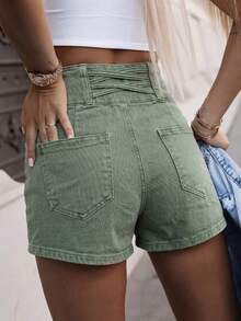 Women's Shorts Color Cloth High Waist Rope Short With Buttons Fashion Summer Leisure Solid Color Pocket Daily Summer Buttons Pants - Green - View 2