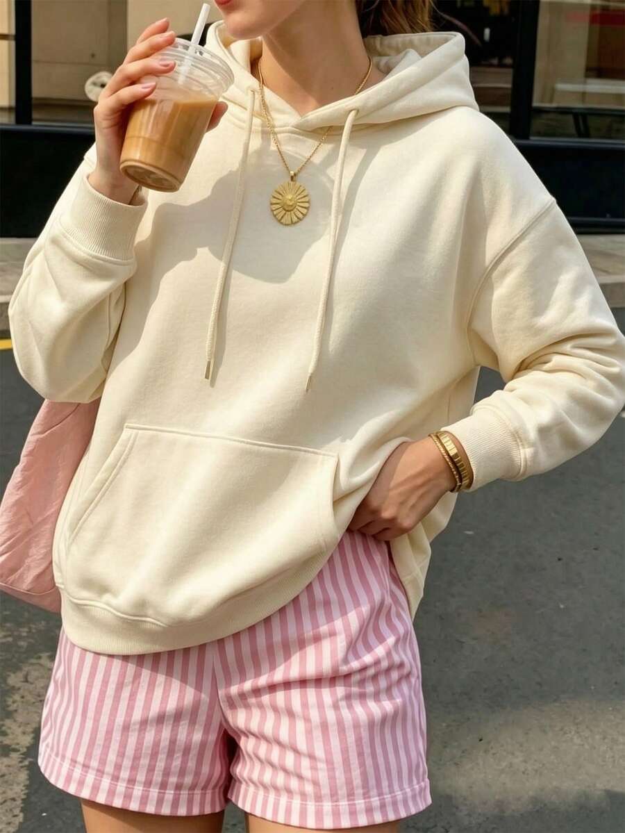 女款秋冬新款純色抽繩設計口袋休閒百搭寬鬆上衣,時尚日常穿搭 - 杏色 - 查看 1