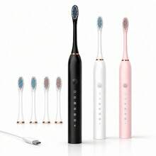 Escova de dentes elétrica ultrassônica, seis modos de velocidade, cabelo macio, carregamento usb, à prova d'água, limpador de dentes adulto, conjunto automático para casal - Branco - Visão 2