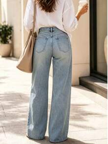 Women's Casual Loose High-Waist Denim Jeans With Button Detail, Long Length, Medium Stretch, Elegant Autumn Outfit Comfortable Versatile Commute Denim Pants - Medium Wash - View 7
