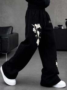 HEYKESON Men's Floral Print Wide Leg Sweatpants With Drawstring Waist, Casual Streetwear Long Pants - Black - View 6