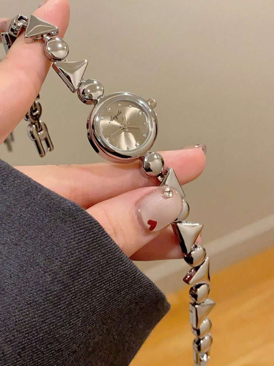 1件女款銀色石英手錶,圓盤面,時尚優雅,適合日常配戴,可用作禮物或休閒聚會 - 銀色 - View 1