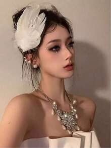 2件裝白色人造羽毛天鵝髮夾，優雅垂墜女款髮飾，適合宴會、約會、萬聖節派對 - 彩色 - 查看 7