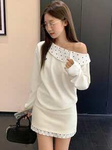 Elegant Asymmetric Shoulder Long Sleeve T-Shirt Set For Women, Autumn Polka Dot Patchwork Sweet Blouse - White - View 3