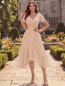 MIUSOL V-Neck Sequin Lace Patchwork Chiffon Ruffle Hem Elegant Ball Party Full Skirt, Suitable For Wedding Guests, Dinner Summer - Champagne - View 6