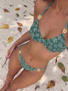 Women's Floral Textured Fabric Bikini Set, Spaghetti Strap Underwire Tie-Back Open Back Swimwear, Gold Floral Decoration Summer Vacation Beach - Dark Green - View 9