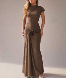 CALEBGAR Women's Elegant Mock Neck Short Sleeve Twist Front Ruched Bodycon Maxi Dress - Brown - View 5