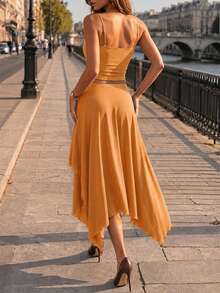 Women's Orange Elegant Spaghetti Strap Cropped Top + Asymmetric Hem Midi Skirt 2-Piece Set, Side Tie Design, Suitable For Summer/Autumn Vacation, Holiday, Graduation Party, 2 Piece Set Woman, Dress For Women, Vacation Outfit Women - Orange - View 2