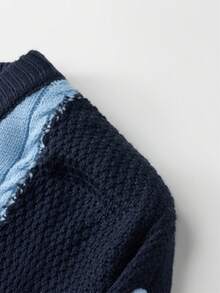 Men's Colorblock Chunky Knit Crew Neck Pocket Bear Embroidered Loose Casual Pullover Sweater - Navy Blue - View 5