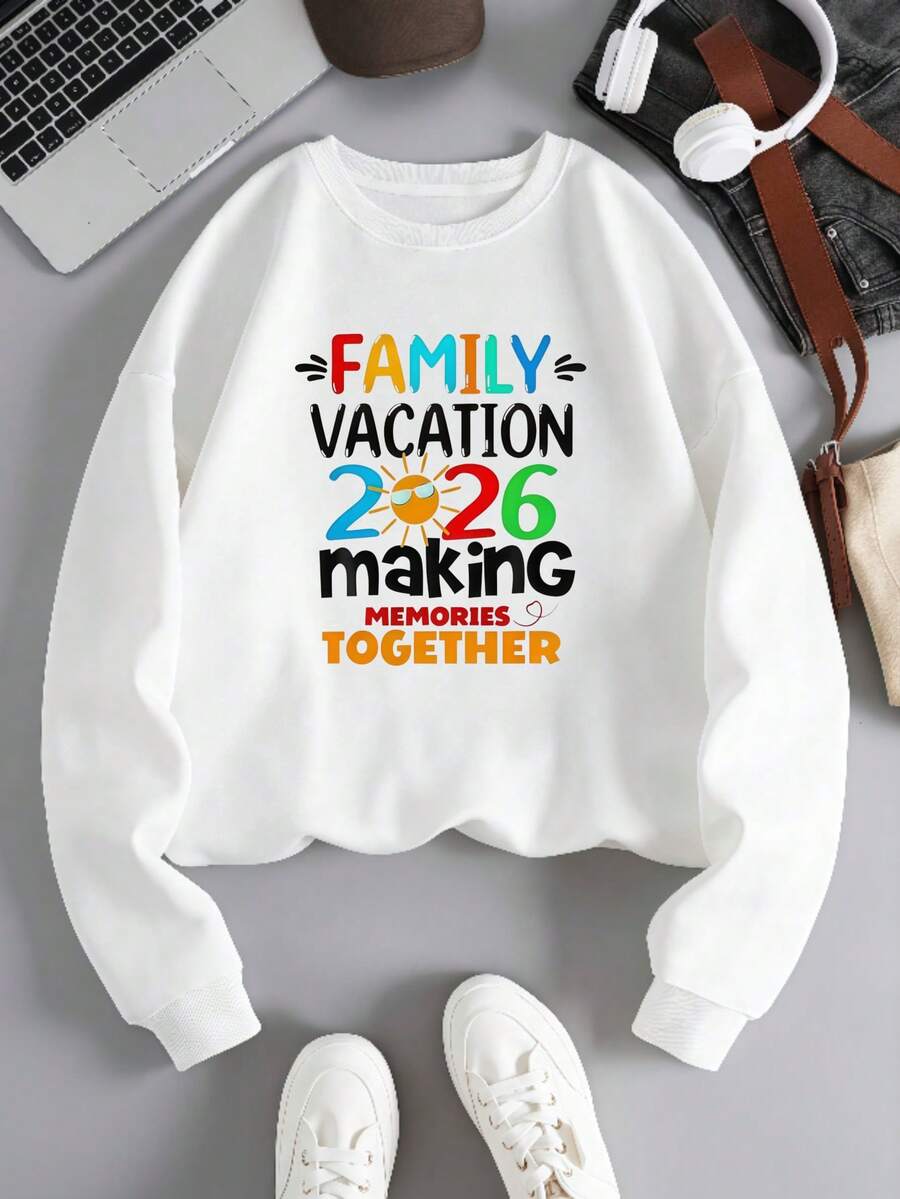 Women's Cotton Blend Lightweight Crewneck Sweatshirt Family Vacation 2026 Making Memories Together Graphic Casual Outdoor School Wear - White - View 1