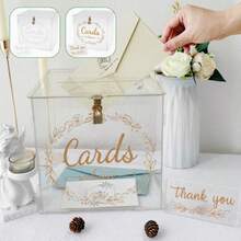 1 pieza Caja de tarjetas personalizada, caja de boda transparente con cerradura y ranura, soporte resistente, caja de colección de sobres de tarjetas de regalo decorativa, adecuada para ocasiones de boda - transparente - Ver 6
