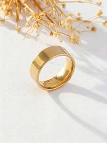 1pc Stainless Steel 18K Gold Plated Fashion Personalized Inner Round Outer Flat Smooth Ring, Unisex Versatile Style - Gold - View 3