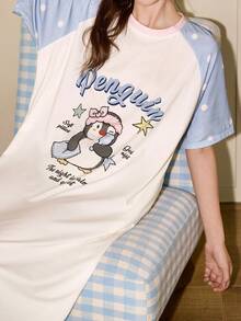 Gongdie Camisón de verano para mujer, vestido de casa de algodón modal suave con manga corta, estampado de pingüino de buenas noches y mangas con lunares en bloques de color - Blanco - Ver 5