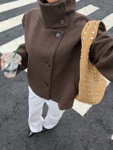 女款秋冬新款歐美風時尚簡約百搭立領羊毛短夾克 棕色 - 棕色 - 查看 2