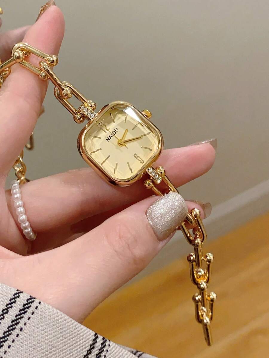 1pc Gold Square Bracelet Women's Quartz Watch Exquisite Compact And Fashionable Suitable For Daily Matching Birthday/Graduation Gifts Casual - Gold - View 1