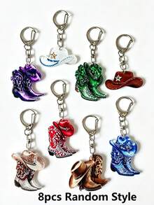 1pc/4/8pcs Cowboy Boot Hat Pendant Keychain, Western Cowboy Style, Bag Charms, Car Key Chain, Party Favor, Holiday Gifts - Multicolor - View 6