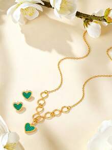 1 Set/3 Pieces Classic Heart Jewelry Set, Waterproof Stainless Steel Collarbone Necklace And Stud Earrings Set For Women - Heart - View 10