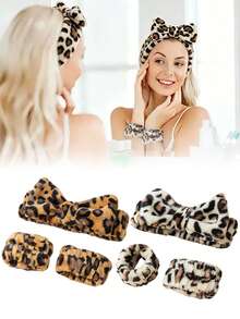 1/3pcs Leopard Print Large Bow Headband Set, Includes Splash-Proof Face Washing Headband, Soft And Washable, Suitable For Face Washing, Yoga And Sports - Multicolor - View 7