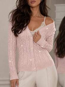 ChicMe Cardigan Rajut Kabel Berpayet Wanita, Leher V, Kancing Depan, Lengan Panjang, Sweater Modis, Pakaian Luar - Berwarna merah muda - View 6