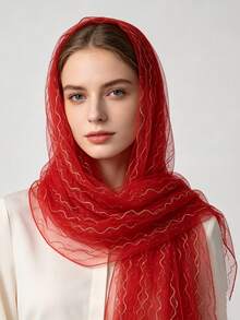 1pc Solid Color Casual Polyester Gold Thread Wavy Sequin Mesh Headscarf Women Lightweight Sheer Long Scarf For Banquet Party Decoration Headwrap Shawl - Red - View 7
