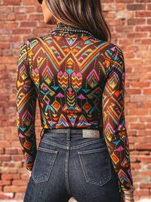 Acelitt Women's Abstract All-Over Print Faux Collar Long Sleeve Slim Fit Top, Suitable For Spring And Autumn - Multicolor - View 2