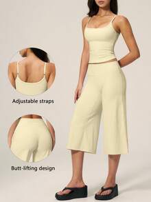 TimeOff Women's One Set Solid Color Adjustable Strap Camisole Tank Top & Wide Leg Mid-Length Pants Sports Set - Yellow - View 10