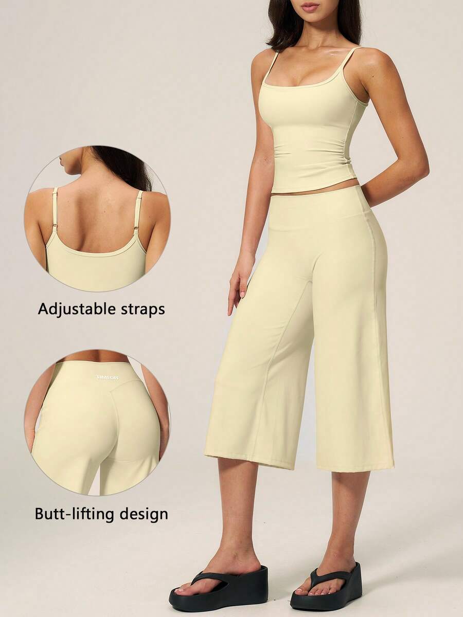 TimeOff Women's One Set Solid Color Adjustable Strap Camisole Tank Top & Wide Leg Mid-Length Pants Sports Set - Yellow - View 1