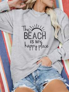 Women's Cotton Blend Lightweight Crewneck Sweatshirt The Beach Is My Happy Place Print All Seasons Casual Back To School Family Holiday Wear - Grey - View 3