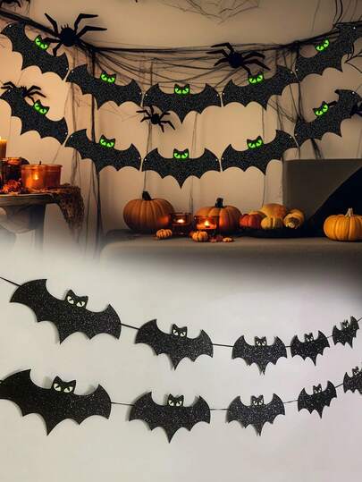 1set Spooky Halloween Wreath, Glow-In-The-Dark Bat Banner With Glowing Eyes, Bat Pennant Decor For Halloween Home Decor, Wall Hanging Decorations For Halloween Parties