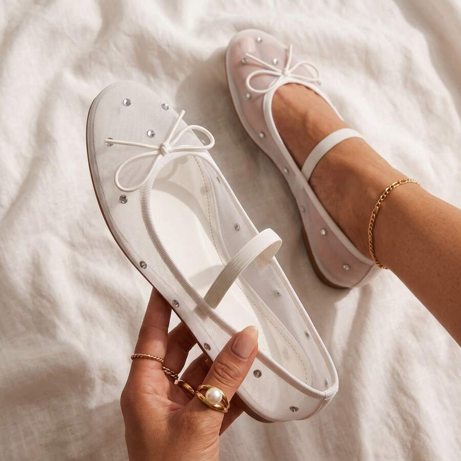Womens Mesh Mary Jane Ballet Flats Sheer Rhinestone Bow Round Toe Slip On Flat Ballerina Party Wedding Sandals For Women - 白色 - 查看 1