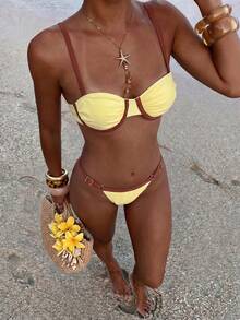 Bikinx Women's Underwire Colorblock Ruched Bust Bikini Set, Spaghetti Strap Backless Tie Swimwear, Suitable For Beach Vacation Summer - Multicolor - View 11