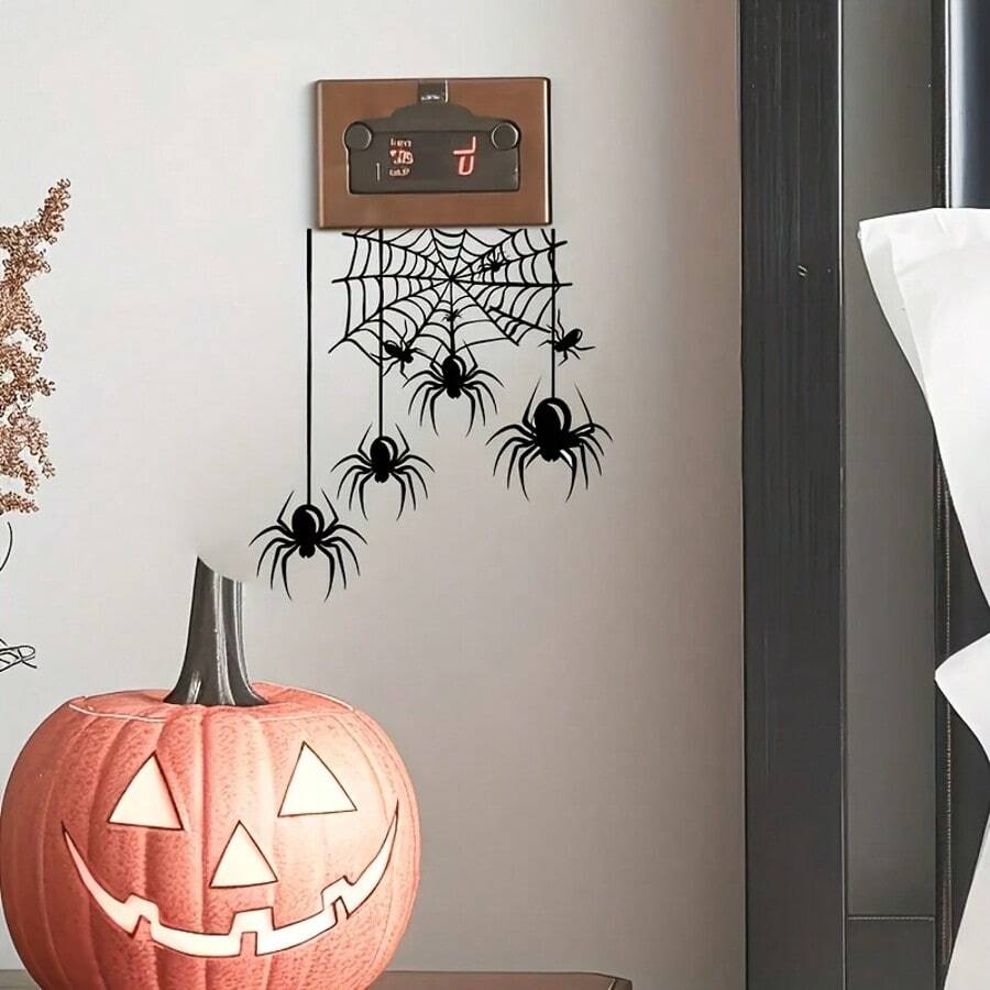 1pc Halloween Spider Switch Sticker - Realistic Black Spider And Detachable Spider Web, Suitable For Home Decor, Living Room, Bedroom, Party Supplies, Halloween Decoration, Room Decor, Smooth Surfaces - A - View 1