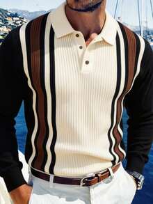 New Men's Color-Block Premium Striped Polo Collar Long Sleeve Top - Black - View 6