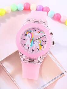 2pcs Cute Girls Silicone Pink Watch With Glow-In-The-Dark Rainbow Horse Jelly Design And Bowknot Leather Wallet, Daily Use - Pink - View 4