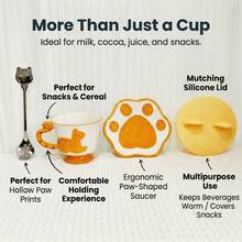 Hand Glazed Embossed Pattern Ceramic Coffee Mug Set Shaped Cup With Tail Handle Paw Print Coaster Silicone Lid Stainless Steel Spoon Novelty Kitchen Tabletop Drinkware - Yellow - View 4