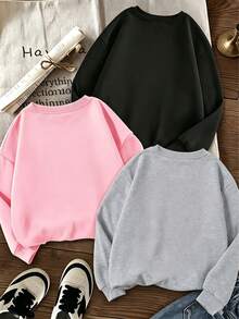 3pcs-Tween Girl 3-Piece Set Casual Fun Print Crew Neck Long Sleeve Sweatshirt Autumn/Winter Top - Black - View 2